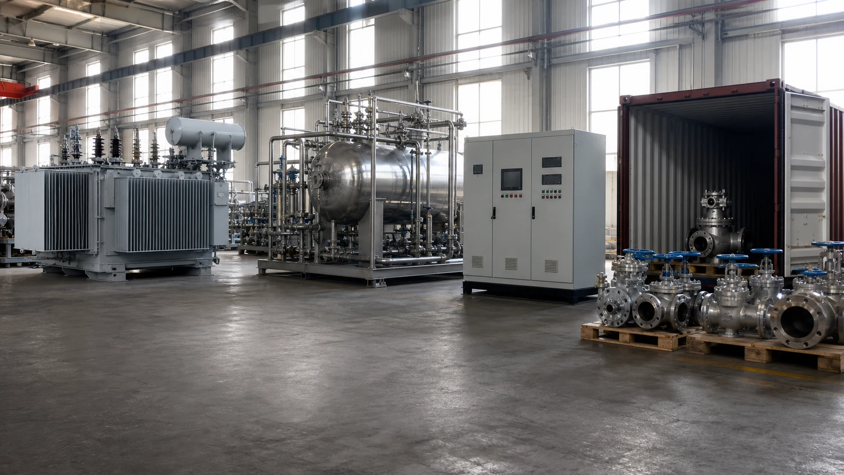 Multi-category industrial equipment including a transformer, process skid, control cabinet and valves